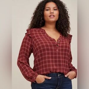 Torrid Crinkle Gauze Ruffle Trim Pull Over Top Size 00 M/L Brown Plaid